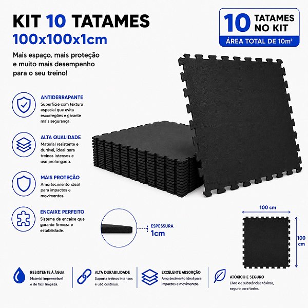Kit 10 Tatames Tapetes Eva 100x100x1cm 1x1 Metro 10mm PRETO