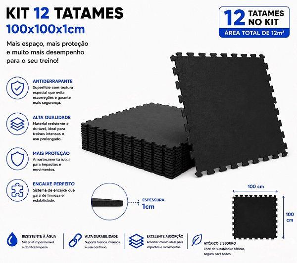 Kit 12 Tatames Tapetes Eva 100x100x1cm 1x1 Metro 10mm PRETO