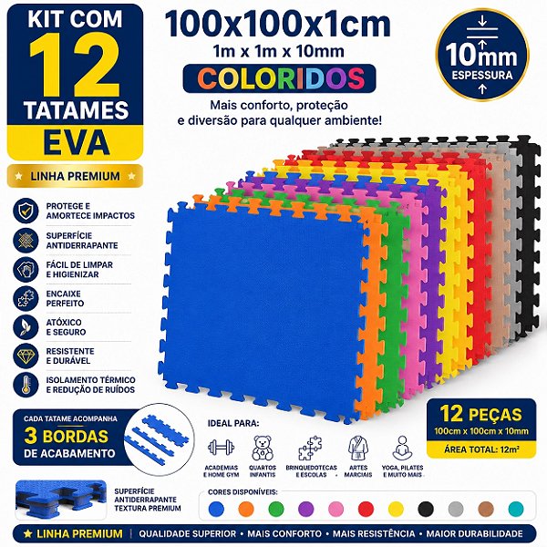Kit 12 Tatames Tapetes EVA 100x100x1cm 10mm com Bordas