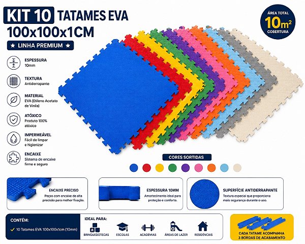 Kit 10 Tatames Tapetes EVA 100x100x1cm 10mm com Bordas
