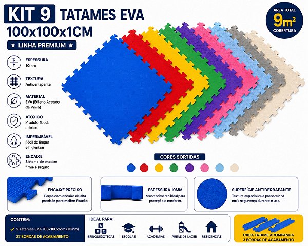Kit 9 Tatames Tapetes EVA 100x100x1cm 10mm com Bordas