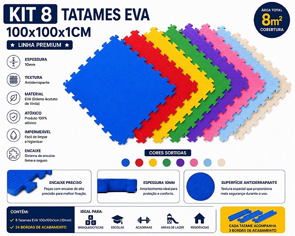 Kit 8 Tatames Tapetes EVA 100x100x1cm 10mm com Bordas
