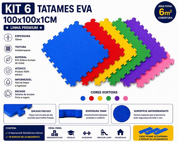 Kit 6 Tatames Tapetes EVA 100x100x1cm 10mm com Bordas