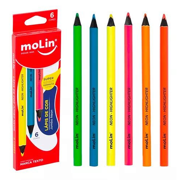 Marca Texto Lápis de Cor jumbo Neon 6 Cores - Molin