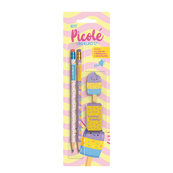 Kit Lápis HB Picolé Blister c/ 2 Lápis/Apontador/Borracha - Leo&Leo