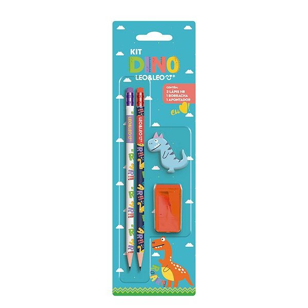 Kit Lápis HB Dino Blister c/ 2 Lápis/ 1 Apontador/ 1 Borracha - Leo&Leo