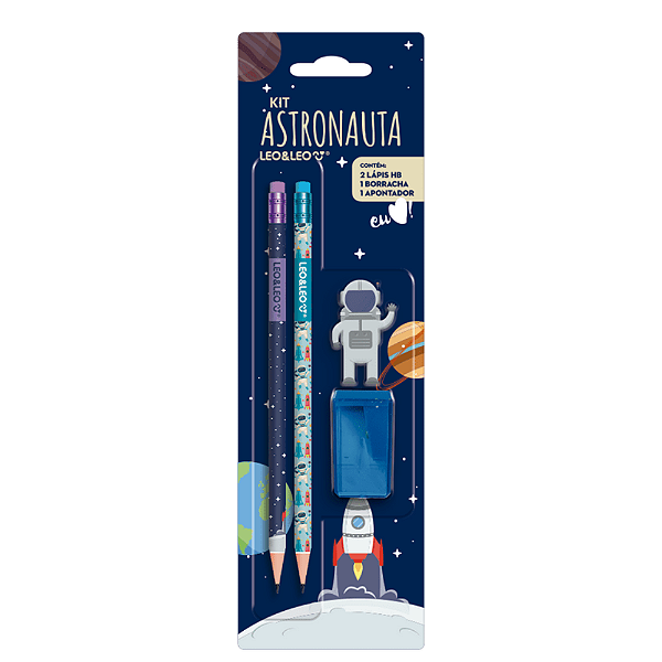 Kit Lápis HB Astronauta Blister c/ 2 Lápis/ 1 Apontador/ 1 Borracha - Leo&Leo