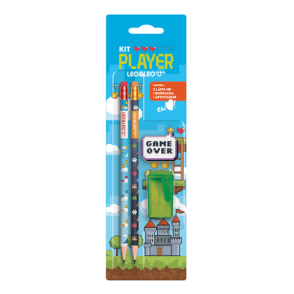 Kit Lápis HB Player Blister c/ 2 Lápis/ 1 Apontador/ 1 Borracha - Leo&Leo