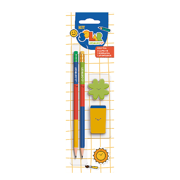 Kit Lápis HB Solar Blister c/ 2 Lápis/ 1 Apontador/ 1 Borracha - Leo&Leo