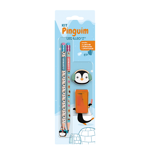Kit Lápis HB Pinguim Blister c/ 2 Lápis/ 1 Apontador/ 1 Borracha - Leo&Leo
