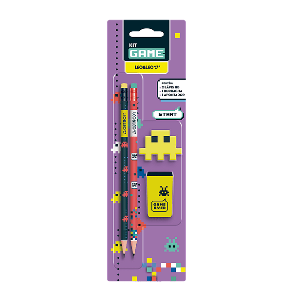 Kit Lápis HB Gamer Blister c/ 2 Lápis/Apontador/Borracha - Leo&Leo