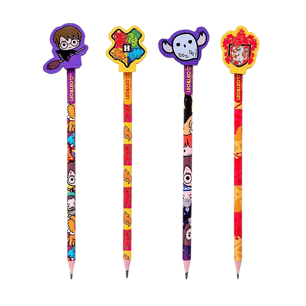 Kit 4 Lápis Harry Potter HB com Borracha Decorada no Topo - Leo&Leo