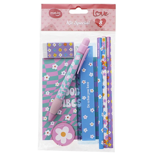 Kit Love Daisy com 3 Lápis, Borracha, Apontador, Régua, Caneta e Bloquinho - Molin