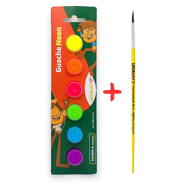 Guache Escolar Neon 3,68ml 6 Cores + Pincel  - Leo&Leo