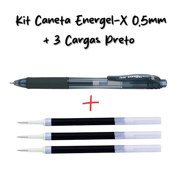 Kit Energel-x Pentel 1 Caneta Preto 0.5mm + 3 Cargas Refil