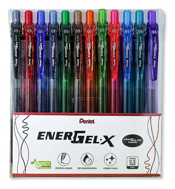 Kit 12 Canetas Retrátil Coloridas em Gel Energel X 0.5 - Pentel