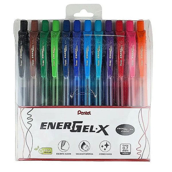 Kit 12 Canetas Retrátil Coloridas em Gel Energel X 0.7 - Pentel