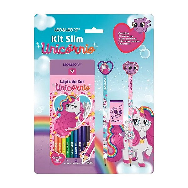 Kit Lápis De Cor 12 Cores, Lápis HB, Apontador, Borracha, Cola e Tesoura Unicórnio - Leo&Leo