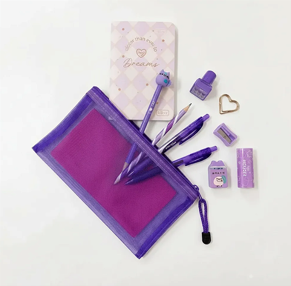 Kit Papelaria Fofa Bag Criativa Roxo - 10 Itens