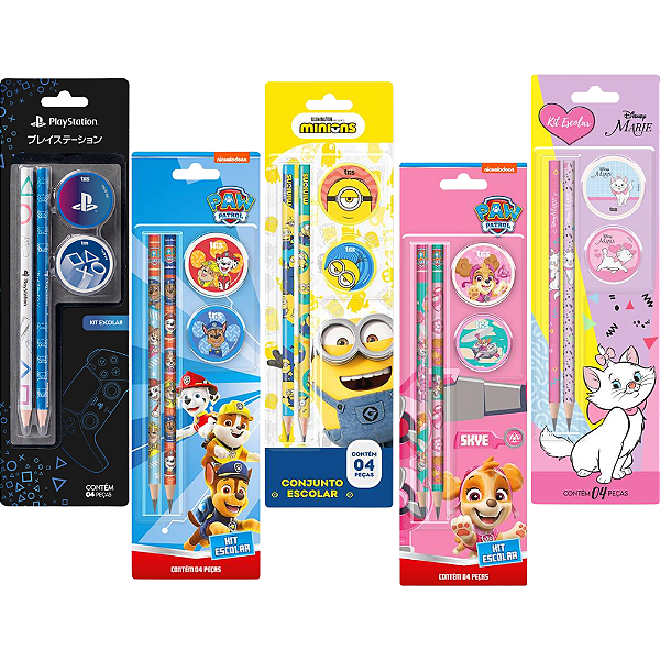 Kit Escolar c/4 Peças Personagens (Lápis HB, Borracha e Apontador) - Tris
