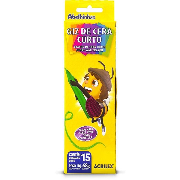 Giz de cera curto 15 cores 68g - acrilex (pct.c/12)