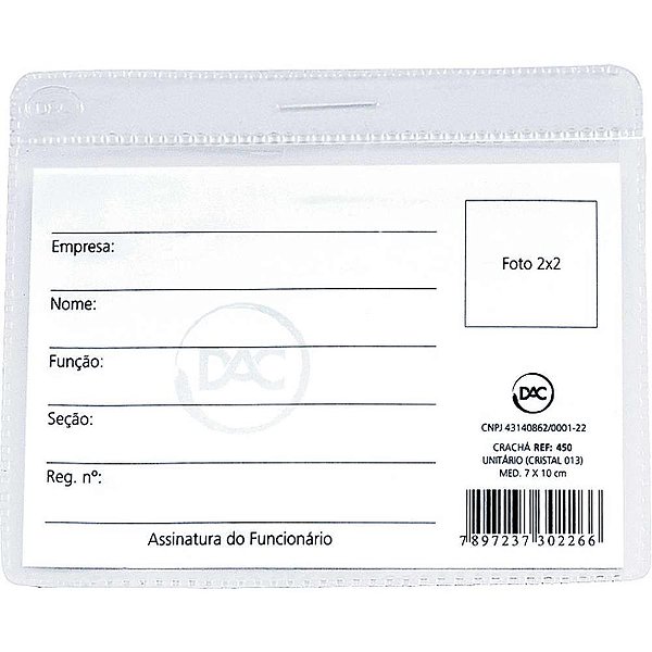 Cracha sem presilha transparente 7x10 cm. (0,13) - dac (pct.c/50)