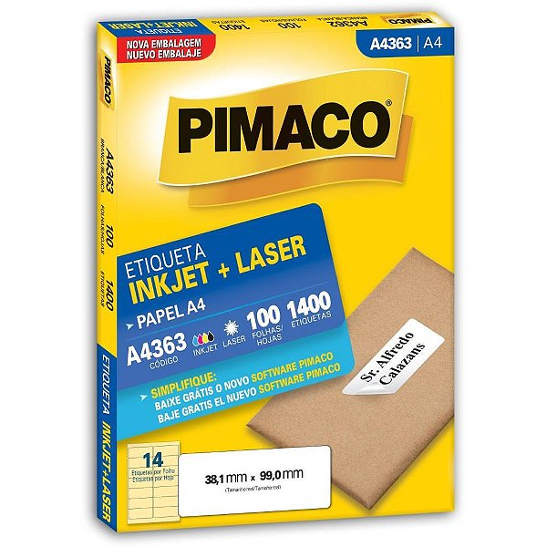 Etiqueta a4 a4363 100 fls 38,1 x 99,0 mm - pimaco (cx.c/1400)