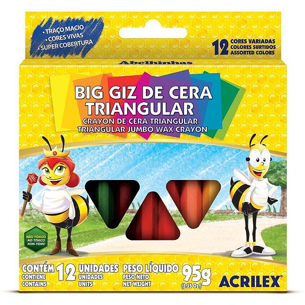 Giz de cera jumbo 12 cores big triangular 95g - acrilex (pct.c/12)