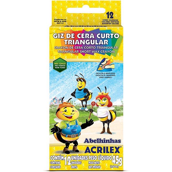 Giz de cera curto 12 cores triangular 45g - acrilex (pct.c/12)