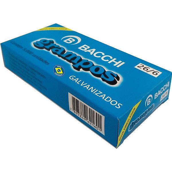 Grampo para grampeador 26/6 galvanizado 1000 grampos - bacchi (pct.c/10)