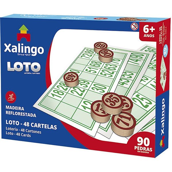 Jogo de bingo loto 48 cartelas c/pedra madei - xalingo (unidade)