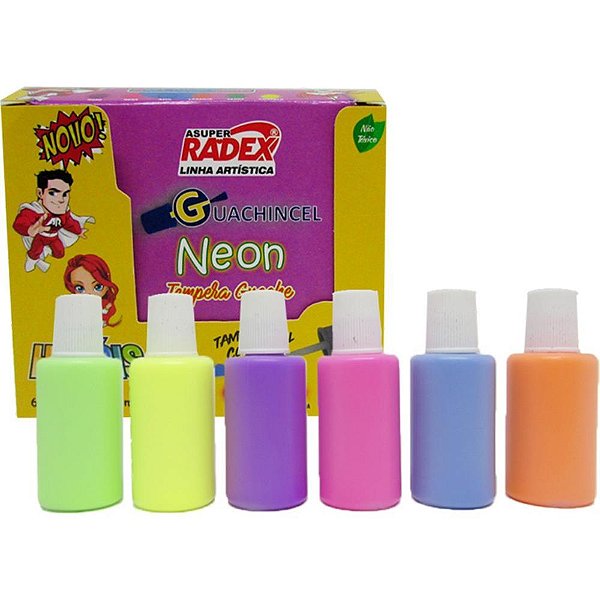 Tinta guache 015ml neon 18ml c/pincel 6 cores - radex (estojo)