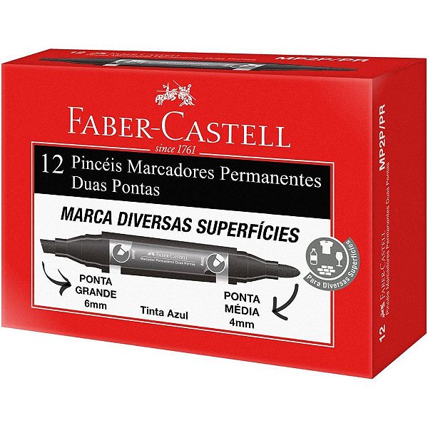 Pincel marcador permanente duas pontas preto - faber-castell (cx.c/12)