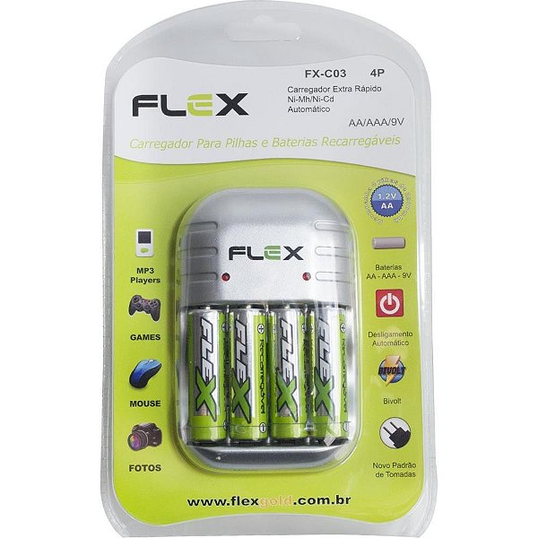 Carregador de pilhas bivolt p/4 pilhas aa-aaa/gv 2900mah - flex (unidade)