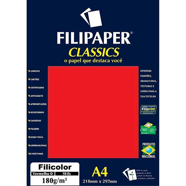 Papel a4 color filicolor vermelho 180g. - filiperson (pct.c/50)