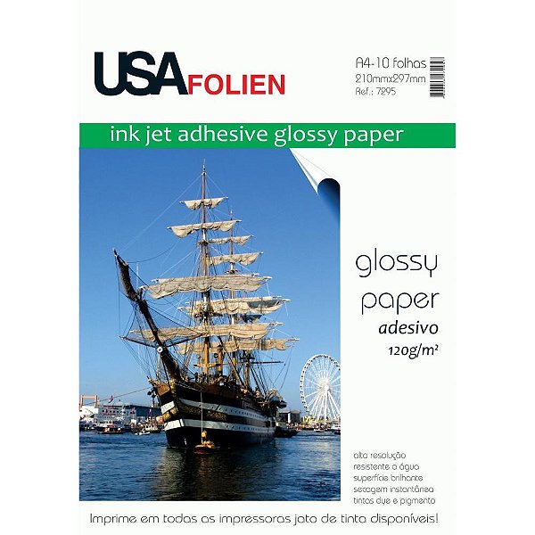Papel fotografico inkjet a4 glossy adesivo 120g - usa folien (cx.c/10)