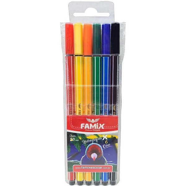 Caneta hidrografica hexagonal 6 cores - famix (estojo)