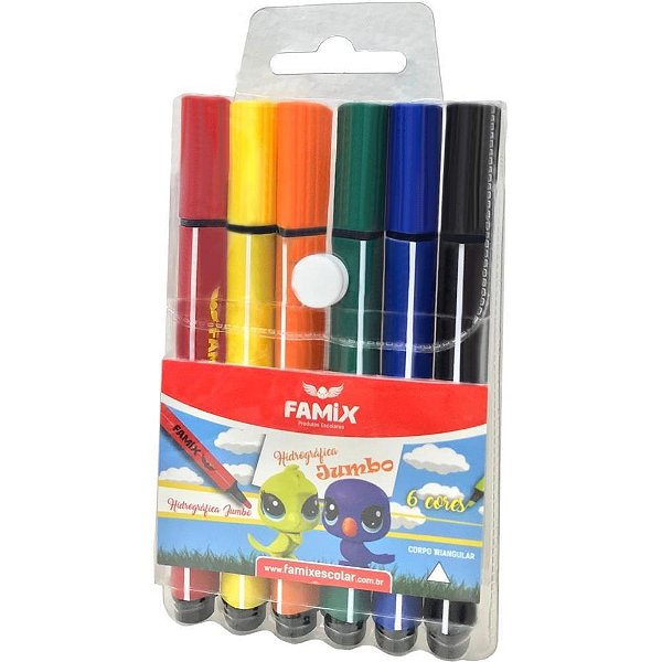 Caneta hidrografica jumbo triangular 6 cores - famix (estojo)