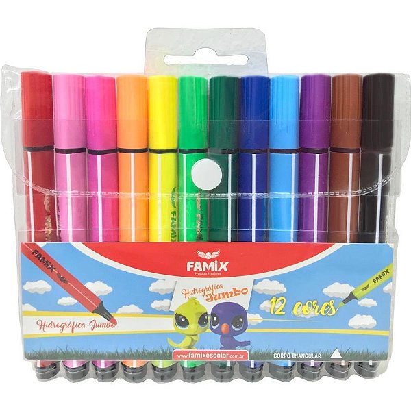 Caneta hidrografica jumbo triangular 12 cores - famix (estojo)