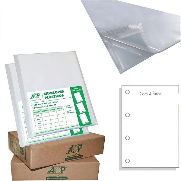 Envelope plastico oficio 4furos grosso 0,15mm - acp (pct.c/100)
