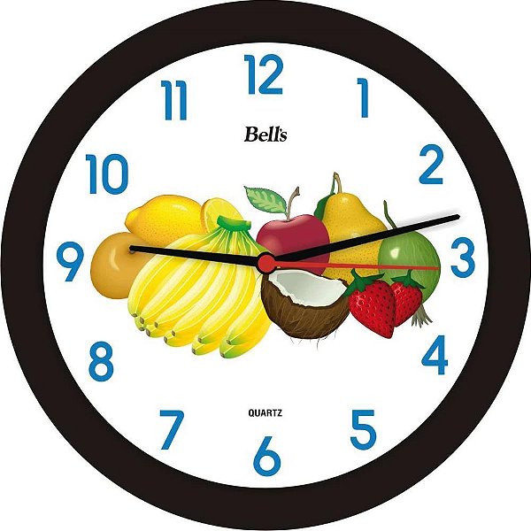 Relogio de parede redondo frutas preto 21,7cm. - bells (unidade)