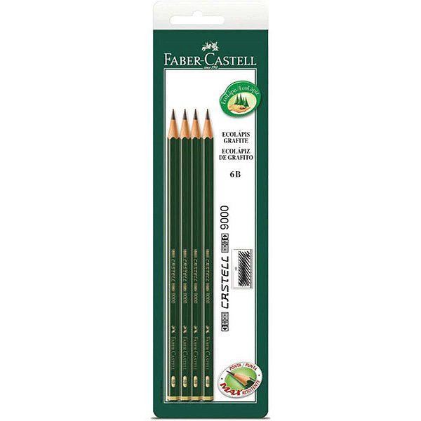 Lapis preto tecnico 9000 6b preto esc/macio bl.c/4 - faber-castell (cx.c/24)