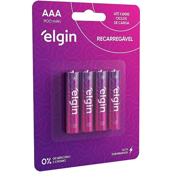Pilha recarregavel palito aaa 900mah 1.2v c/04 - elgin (bl.c/04)