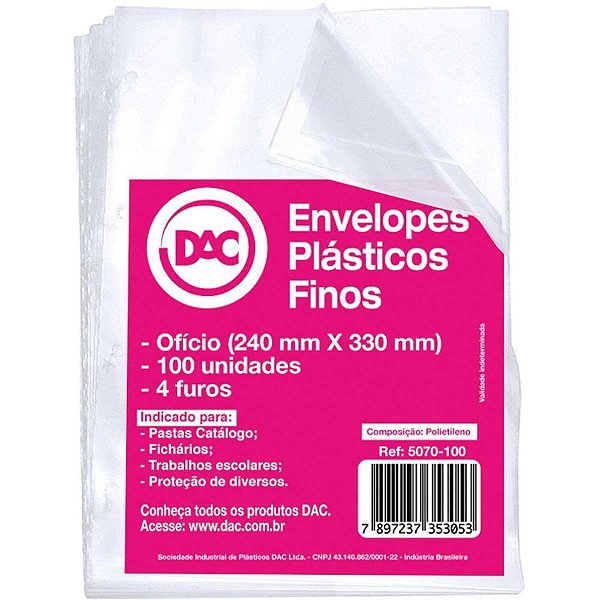 Envelope plastico oficio 4furos fino 0,06mm - dac (pct.c/100)