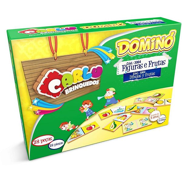 Domino figuras/frutas em madeira 28pc - carlu (unidade)