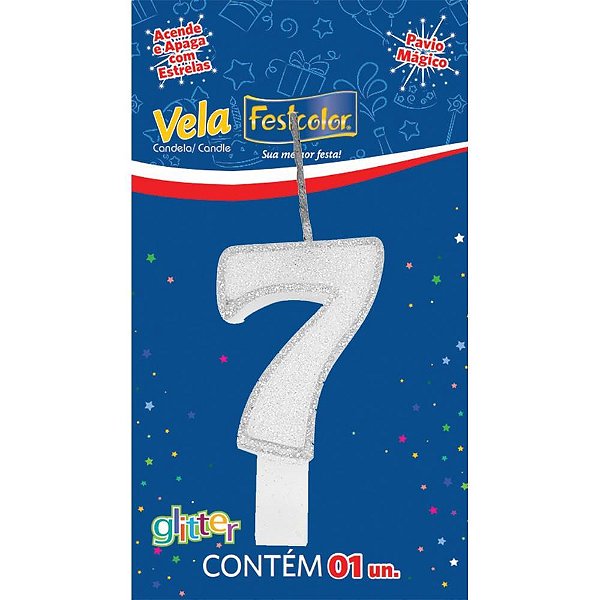 Vela para aniversario n.07 branca glitter - festcolor (cx.c/10)