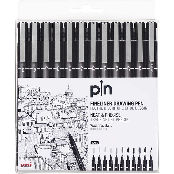 Caneta tecnica uni pin 10 graduacoes+brush pt - sertic (est.c/12)