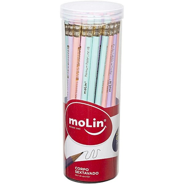 Lapis preto sextavado pastel line c/ borracha - molin (pote-48)