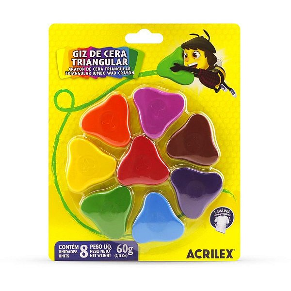 Giz de cera fino 08 cores forma triangular - acrilex (blister)