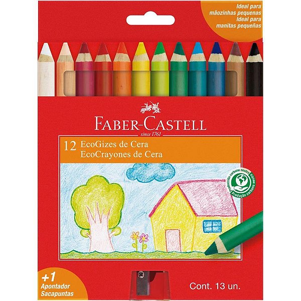 Giz de cera fino ecogiz 12 cores c/apontador - faber-castell (pct.c/05)